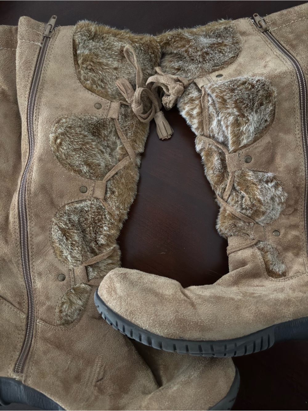 Faux Fur Trim Suede Knee Boots - Taupe